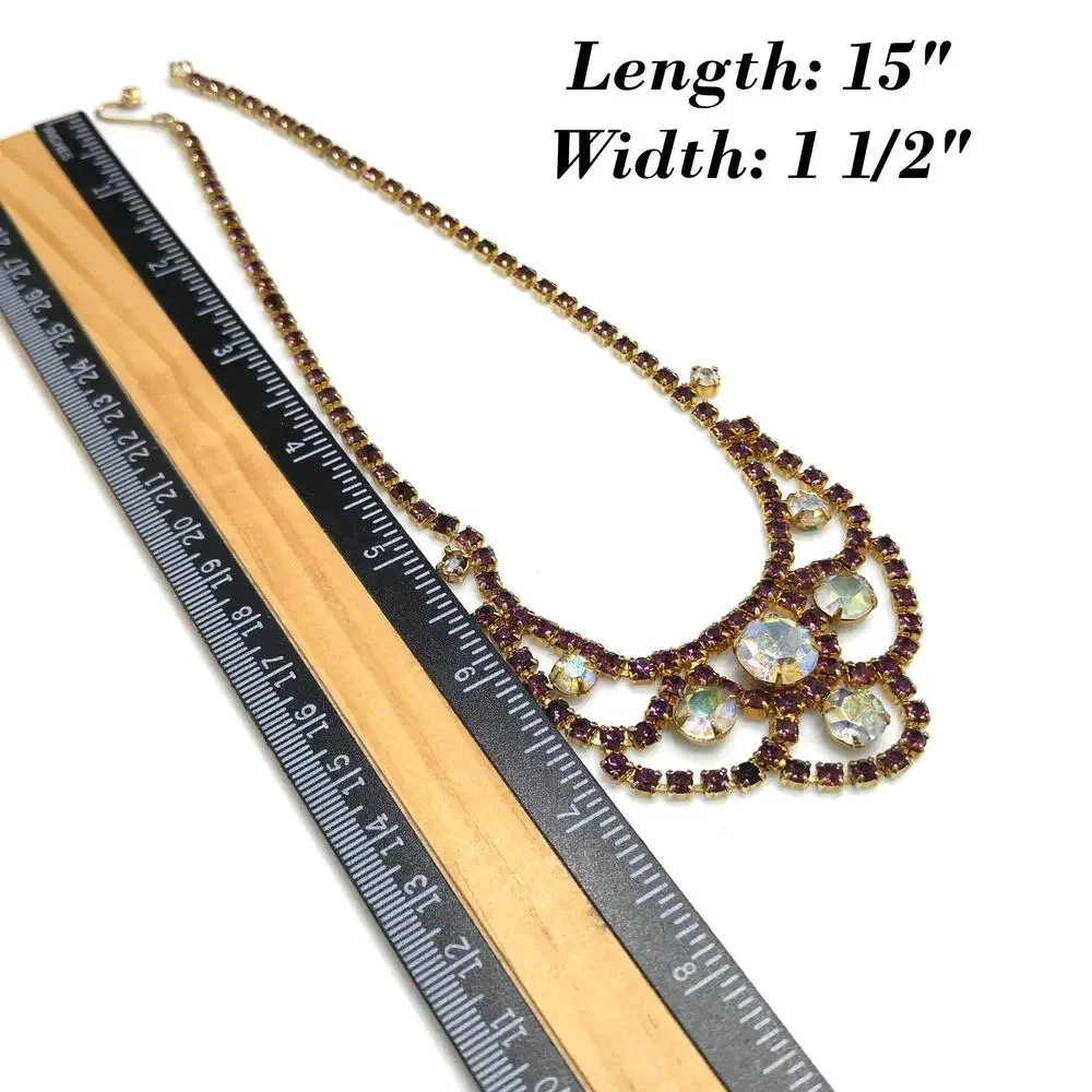 Vintage Purple AB Clear Rhinestone Choker Necklace, Gold Plated, Aurora Borealis